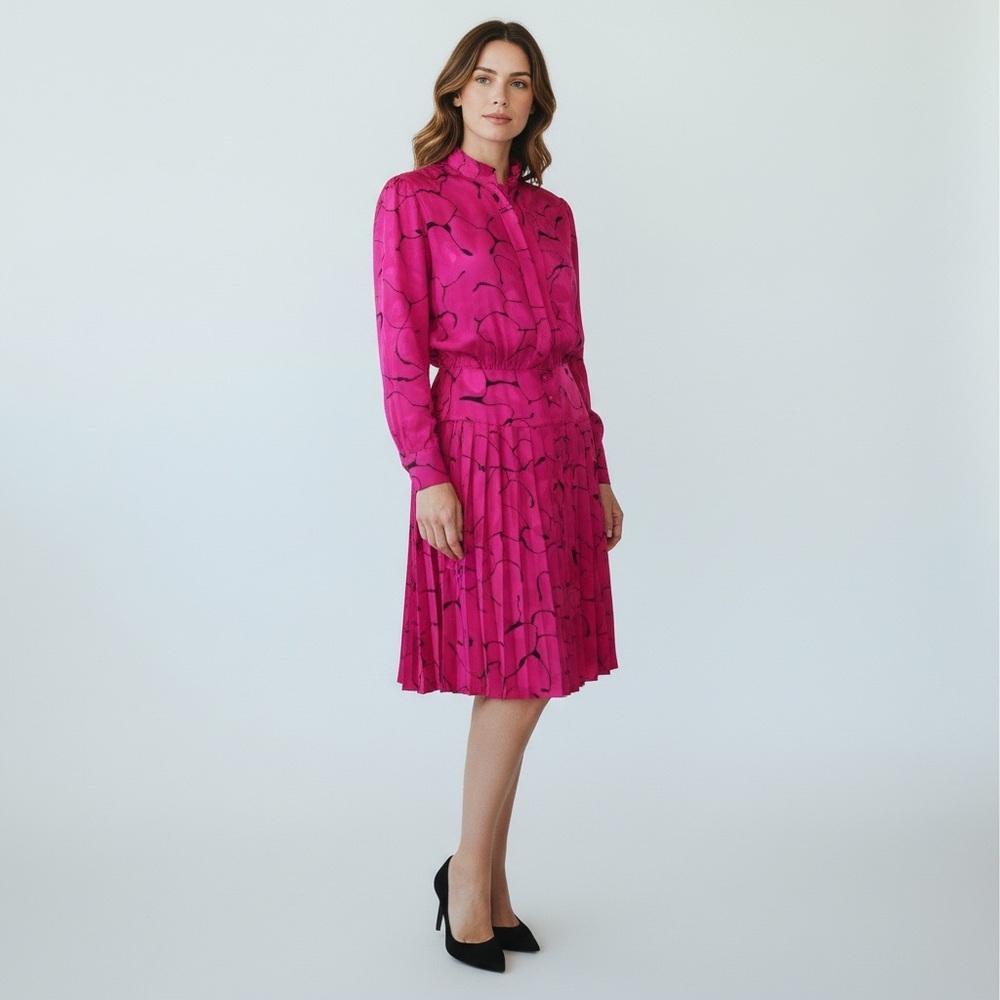 VINTAGE Mijoli Womens Dress Fuscia Pink 80s Maximalism Size 10/M Long Sleeves